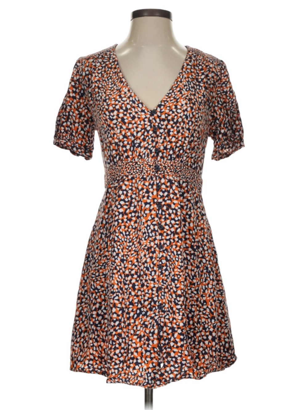 French Connection orange navy button front v-neck short sleeve dress